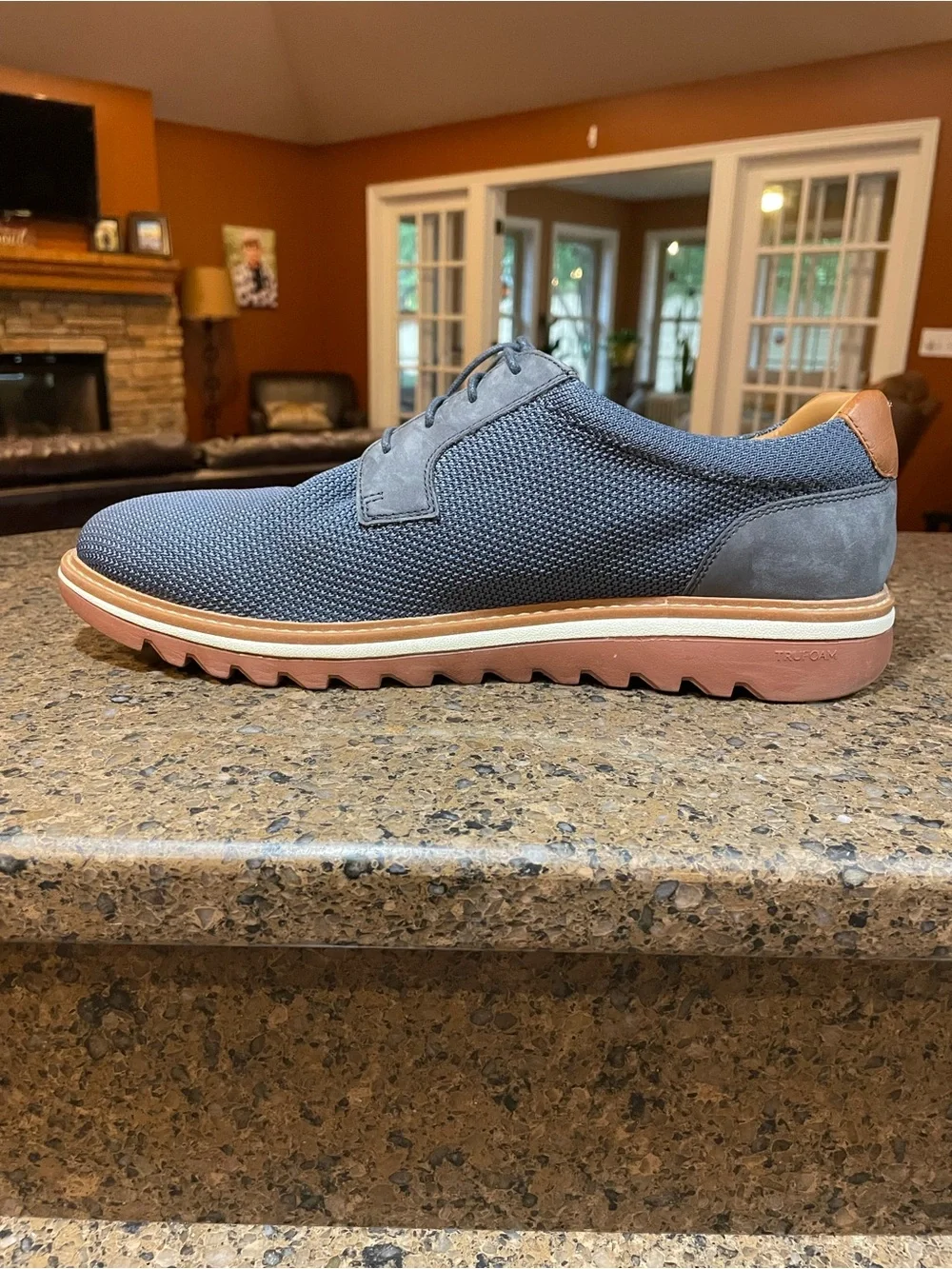 Men's Navy Knit Derby with Brown Trim — Casual Dress Shoes